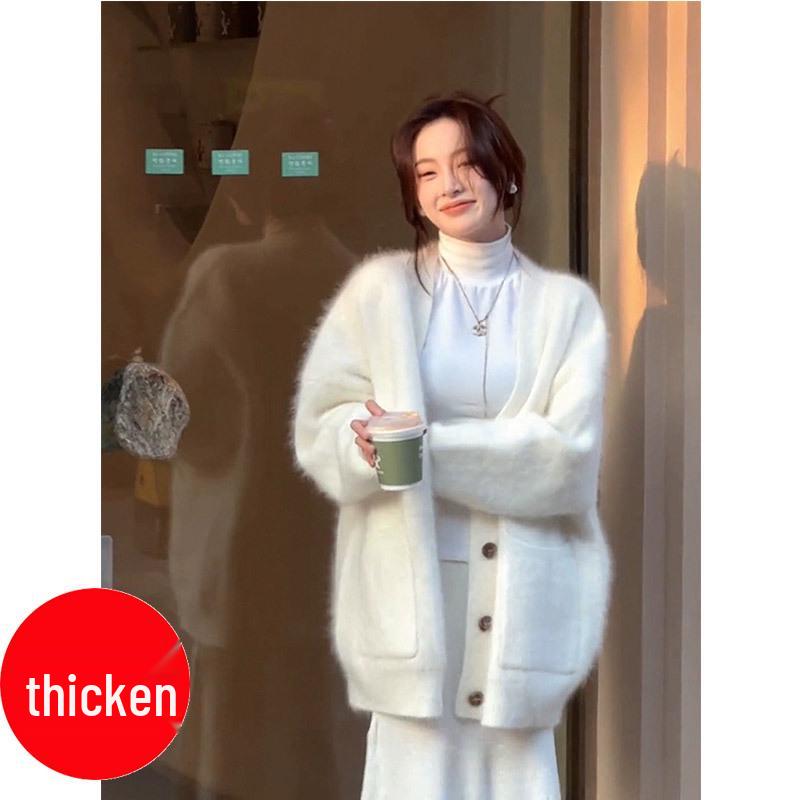 Women's Korean Style Mink Velvet Cardigan: Spring/Autumn Soft, Thick, Mid-Length, Loose Knit Sweater.