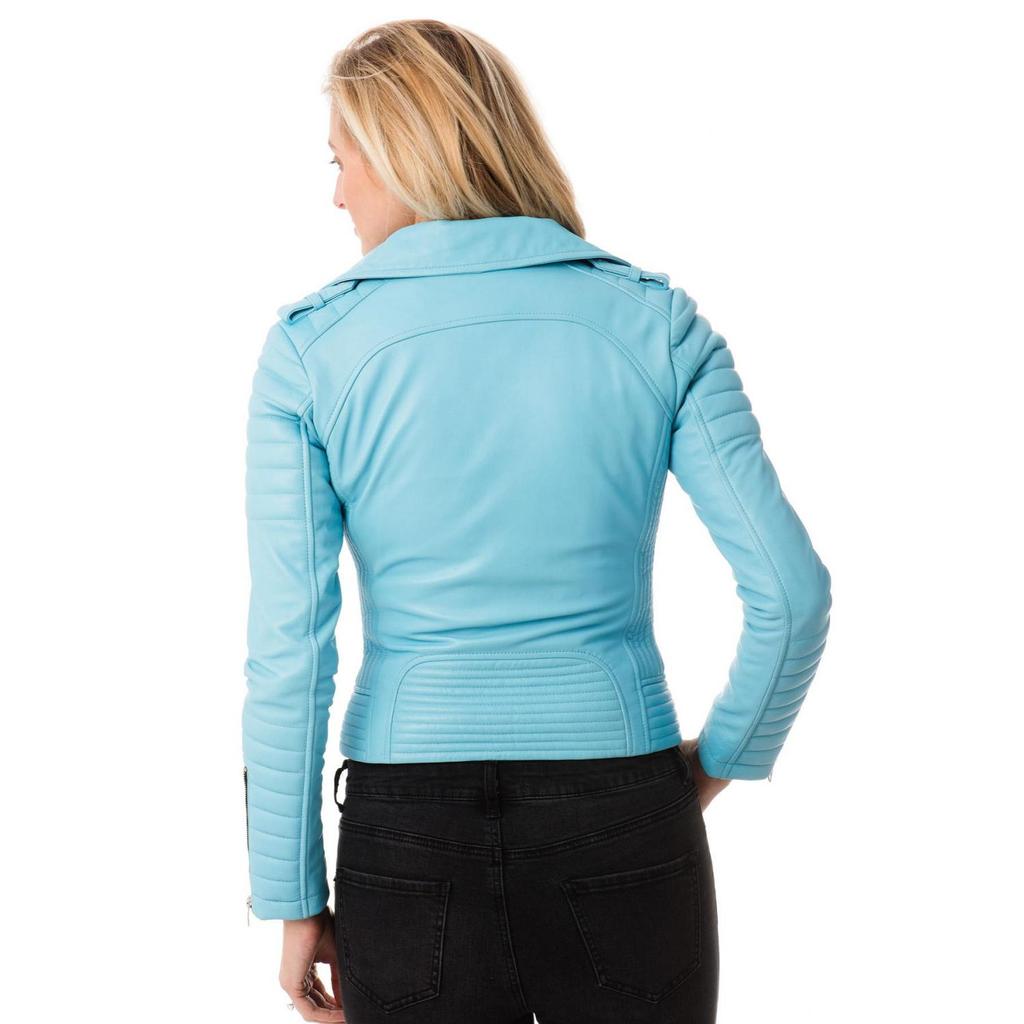 SKINOUTFIT Women's Lambskin Leather Jacket Biker Motorcycle Turquoise Blue Quilted Outwear