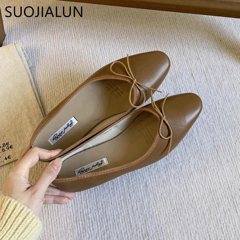 Fashion SUOJIALUN 2025 Spring New Women Flat Shoes Fashion Round Toe Bow-knot Slip On Ladies Ballerina Soft Flat Heel Dress Boat Shoes