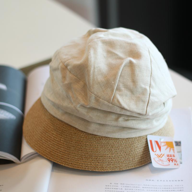 Spring and Summer Literary Cotton and Linen Splicing Straw Bucket Hat Casual Folding Basin Hat Sunscreen Beach Fashion Straw Hat