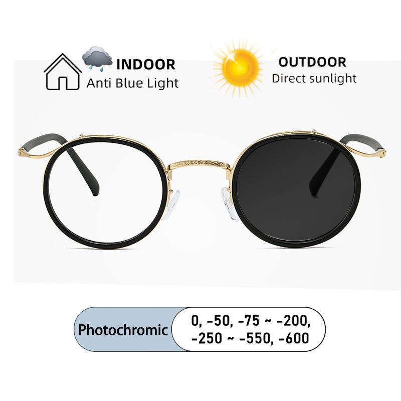 New Fashion Luxury Round Alloy Frame Myopia Glasses Anti Blue Light Men Near Sight Eyeglass Prescription