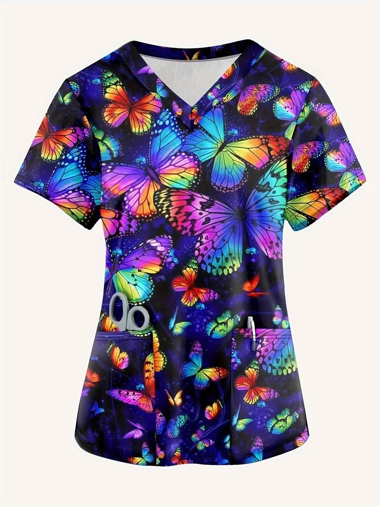 Fashion butterfly Short-Sleeve TShirt Commuting Work V-Neck Top Short Sleeves Woman