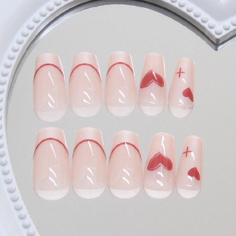 Fashionable Short Square Valentines Day False Nail French Tips Heart Designs Press On Nail Artificial Nail for Women
