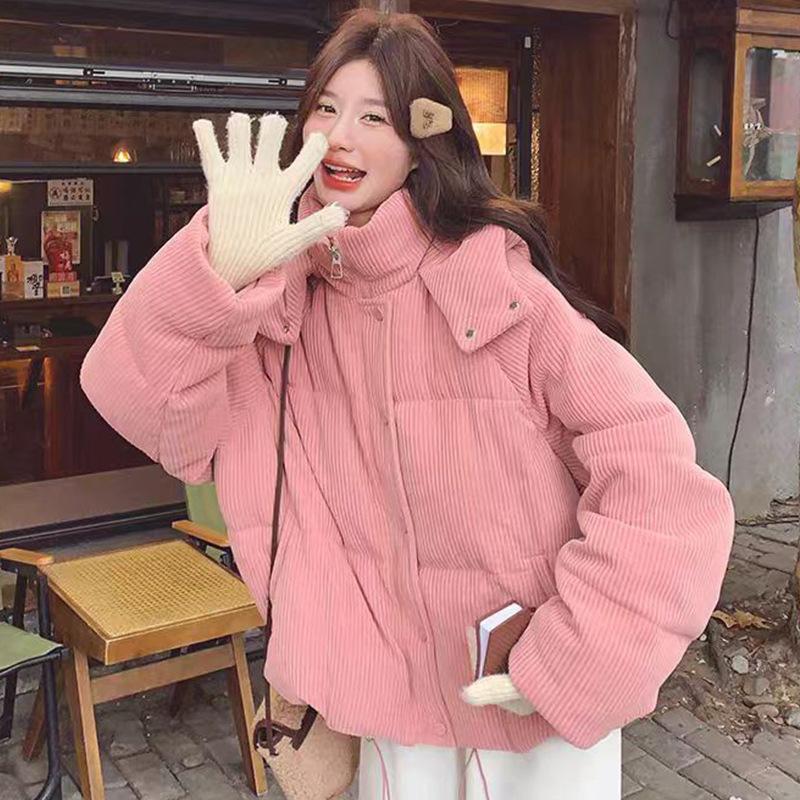 Pink corduroy short hooded down cotton women's winter small sweet age-reducing small fragrant jacket