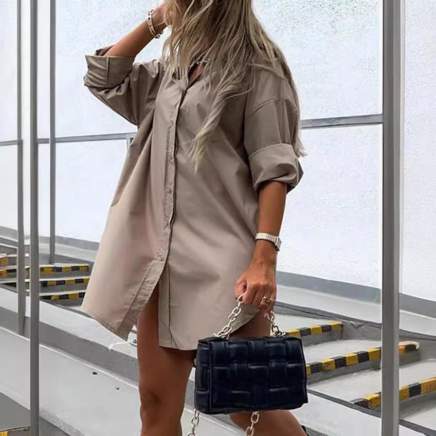 

Women s Solid Color Button Front Shirt Dress - Casual Long Sleeve Lapel Dress for Spring & Fall 2XL хакі