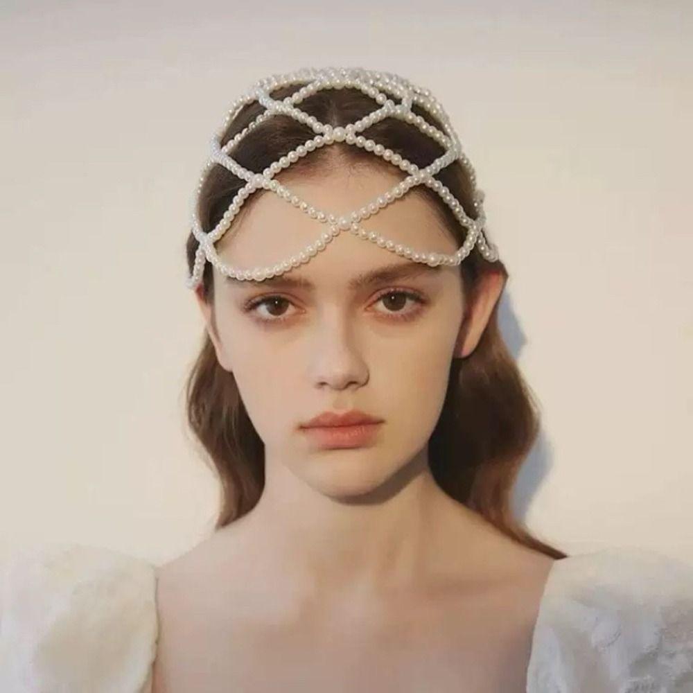 Hand-Made Pearl Hat Chain Pearls Weave Pearl Headpiece Stylish Bridal Head Ornament  Bridal Wedding