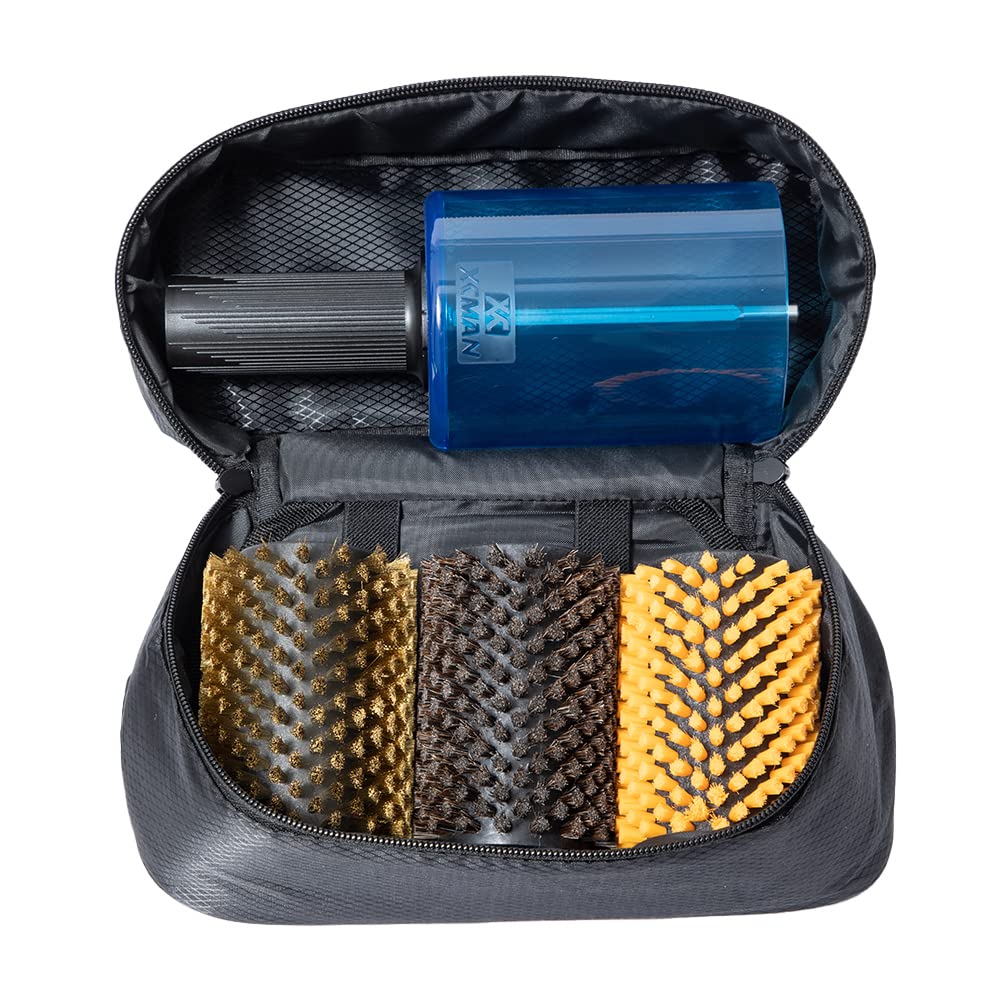 XCMAN Snowboard Rotary Brush Set 100mm and Horsehair Brushes with Single Shaft (4 Pieces, Length) - Nylon, Bronze, Cork, (Handle)