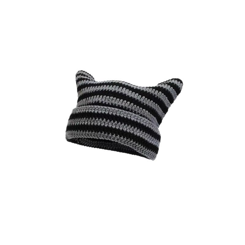 Autumn-Winter Striped Woolen Hat with Cute Cat Ears - Fashionable, Versatile Devil Design.
