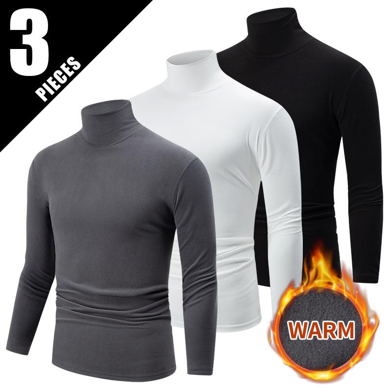 Simple Long-Sleeve Turtleneck Men's Work Long-Sleeve Top 3pcs Set, European and American Fashion Trend T-Shirt