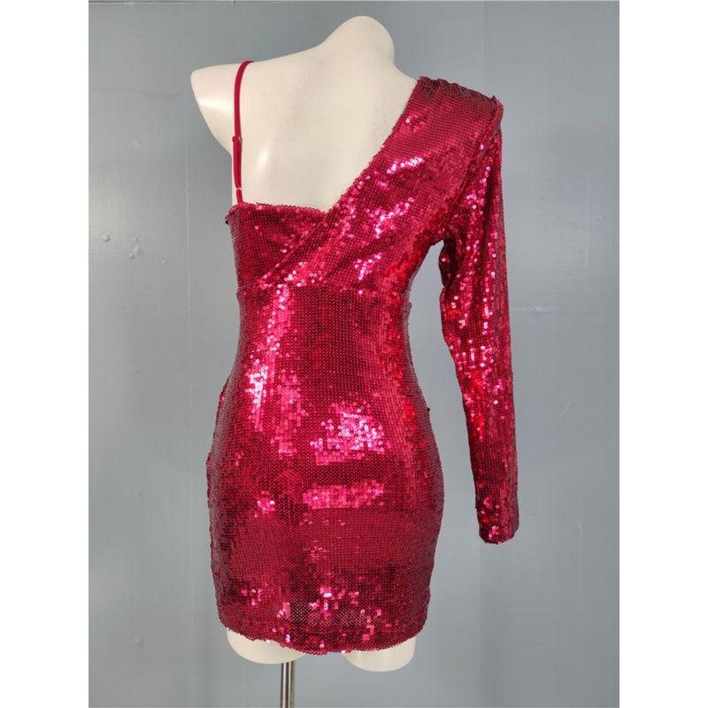 European and American Single Fashion Classic Women's Clothing Elegant Sequined Suspender Shiny Deep V Shoulder Long Sleeves Cross Irregular Skirt