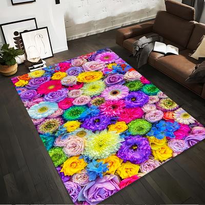 Colorful Floral Pattern Carpet with Roses, Daisies, and Blooms Suitable for Use As an Anti-slip for Living Room Bedroom Sofas