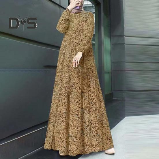 Women Maxi Dress O Neck Long Sleeve Loose A Line Big Hem Dot Print Vintage Soft Patchwork Dubai Turkey Abaya Long Robe Dress