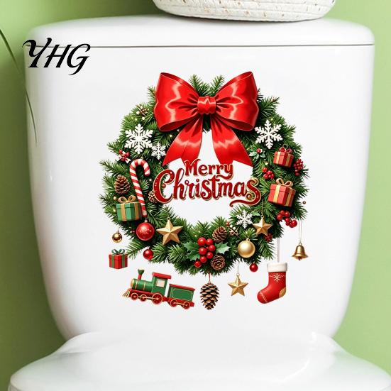 Waterproof Seasonal Wall Decor Christmas Wreath Toilet Decal, Merry Bow Seat Sticker, Self Adhesive Lid Decal Tank Decals, Self-Adhesive Bathroom