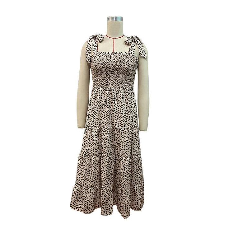 Summer Women Leopard Print Halter Neck High Waist A Line Dress with Ruffled Strap