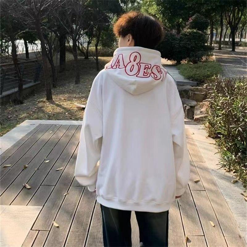 Cross-Border American Rapper Style 351-400g Flame Embroidery Men's Heavyweight Pure Cotton Hoodie