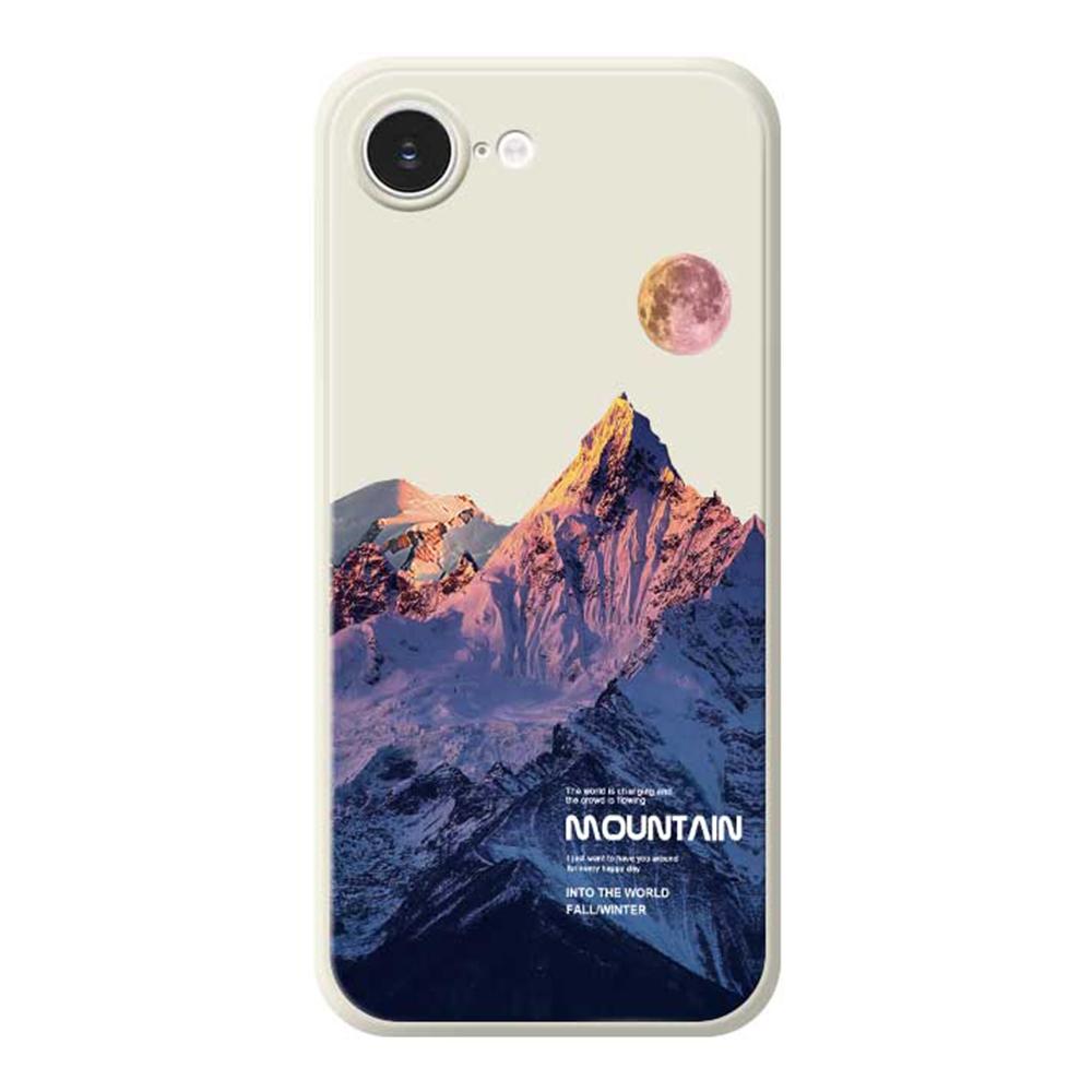 

For iPhone 16e Case Blue Snow Mountain Pattern Printing Straight Edge TPU Phone Back Cover Beige