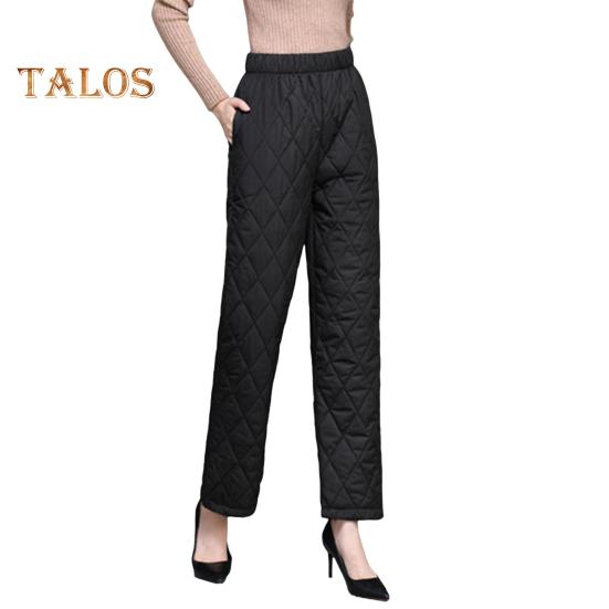 Autumn Winter Cotton Pants Rhombus Quilted Straight Wide Leg Long Pants with Pockets Solid Color Thickened Warm Trousers
