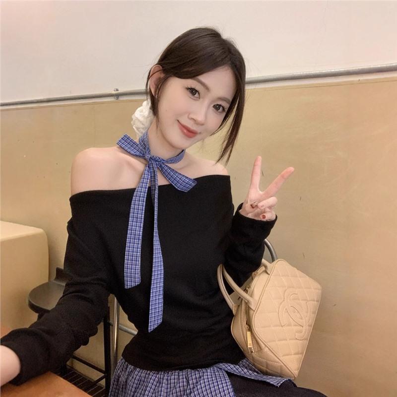 

Trendy Cowl Neck Layered Long Sleeve Shirt with Ribbon for Autumn & Winter Large чорний