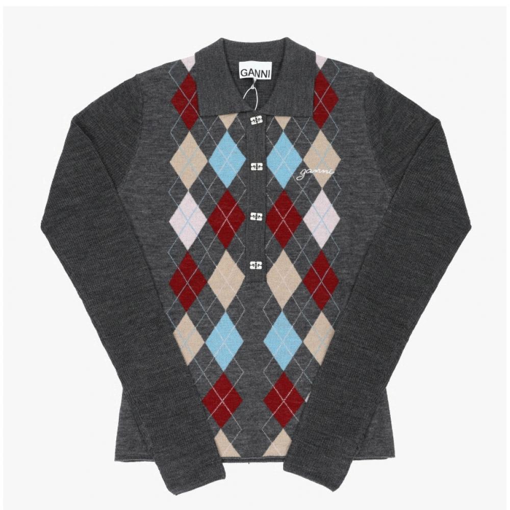 Ganni Women S Argyle Jacquard Polo Knit K2601 920