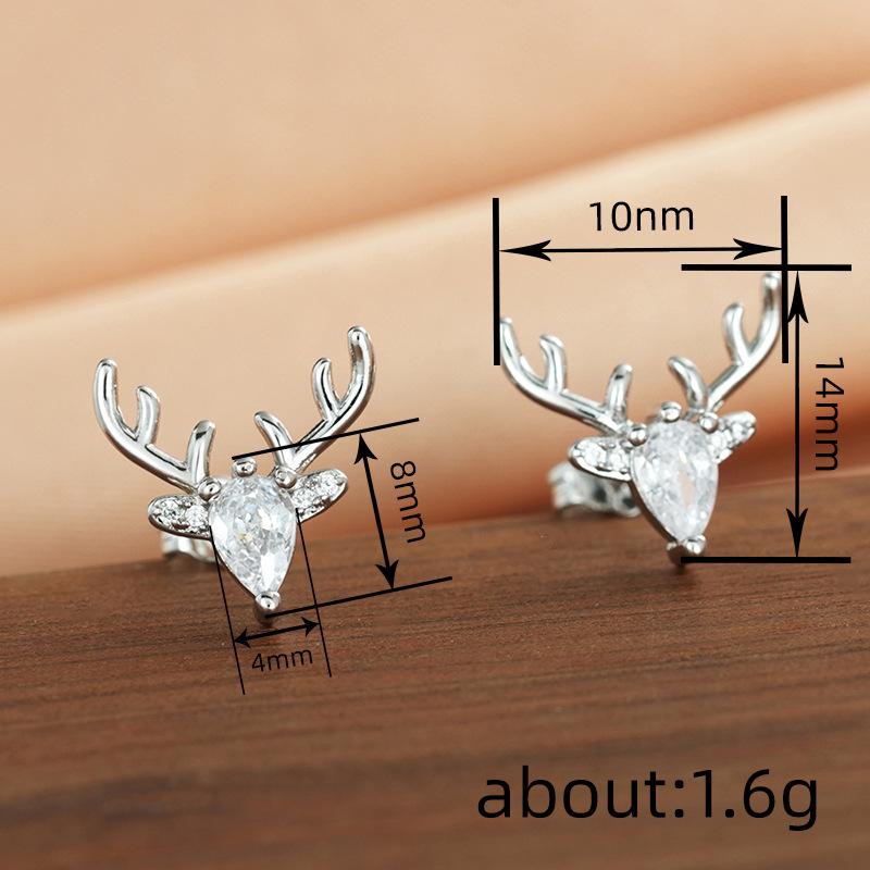Exquisite Christmas Elk stud earrings for women, new Christmas wind antlers, slightly inlaid with water droplets zircon earrings.
