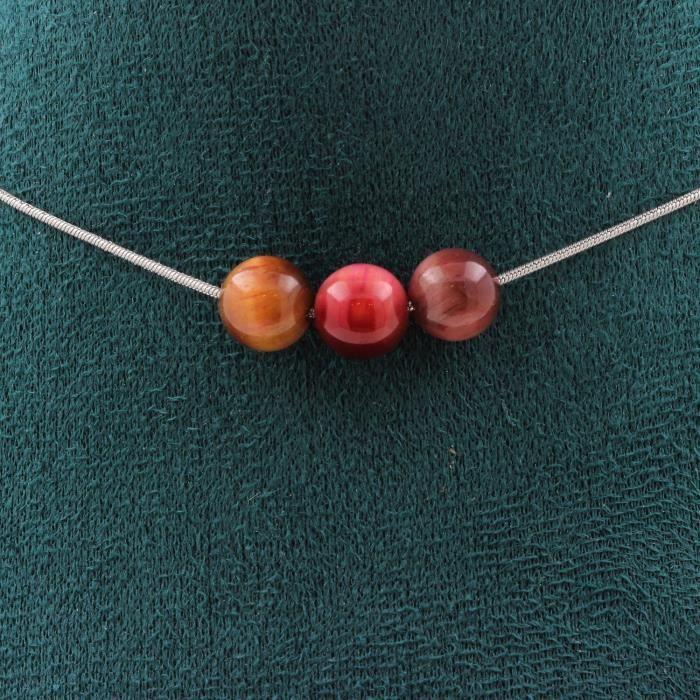 Collier - A Bijoux - Oeil de Tigre - 3 perles bicolores - Acier inoxydable - 45 cm