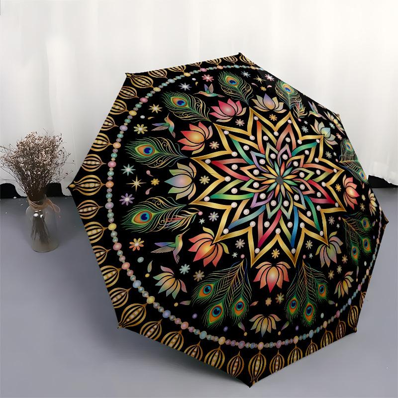 1pc Mandala, Peacock Feathers, Lotus Flowers Umbrella with Plastic Handle,Compact & Stylish,Suitable for All Seasons YS331061