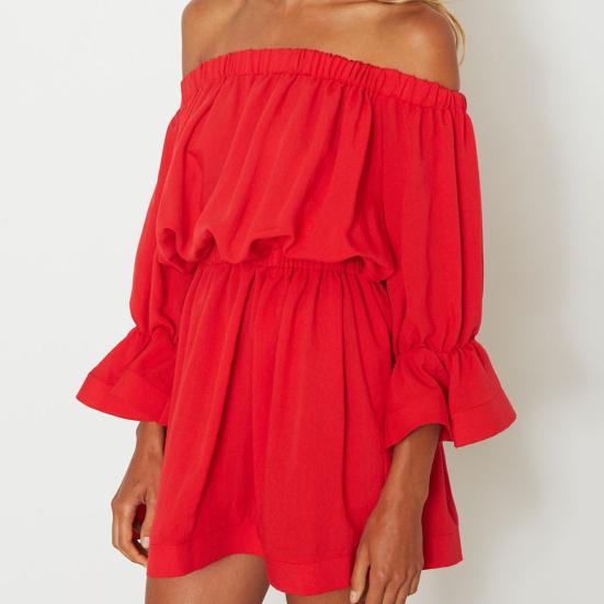 Dámské jednobarevné mini společenské šaty s odhalenými rameny, 3/4 nabíranými rukávy a elastickým pasem