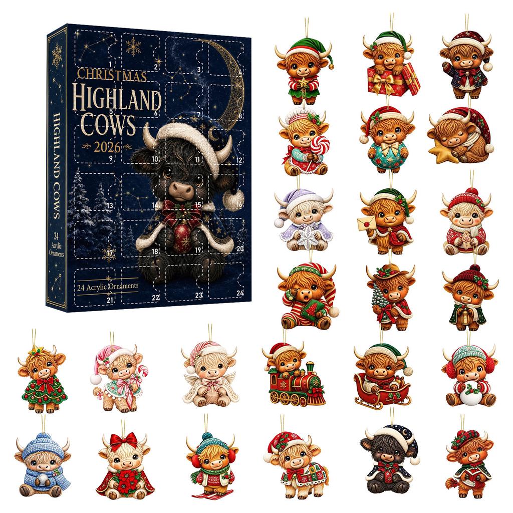 2026 24-Day Highland Cow Advent Calendar - Christmas Countdown Gift Box with Collectible Mini Acrylic,Festive Holiday Home Decor
