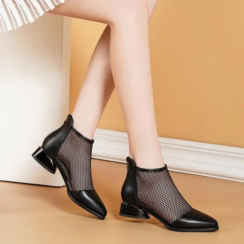 New Arrive Summer Sexy Mesh Ankle Boots 2025 Pointed Toes Low Heels Ladies Short Boots Chunky Heels Spring Back Zipper Shoes