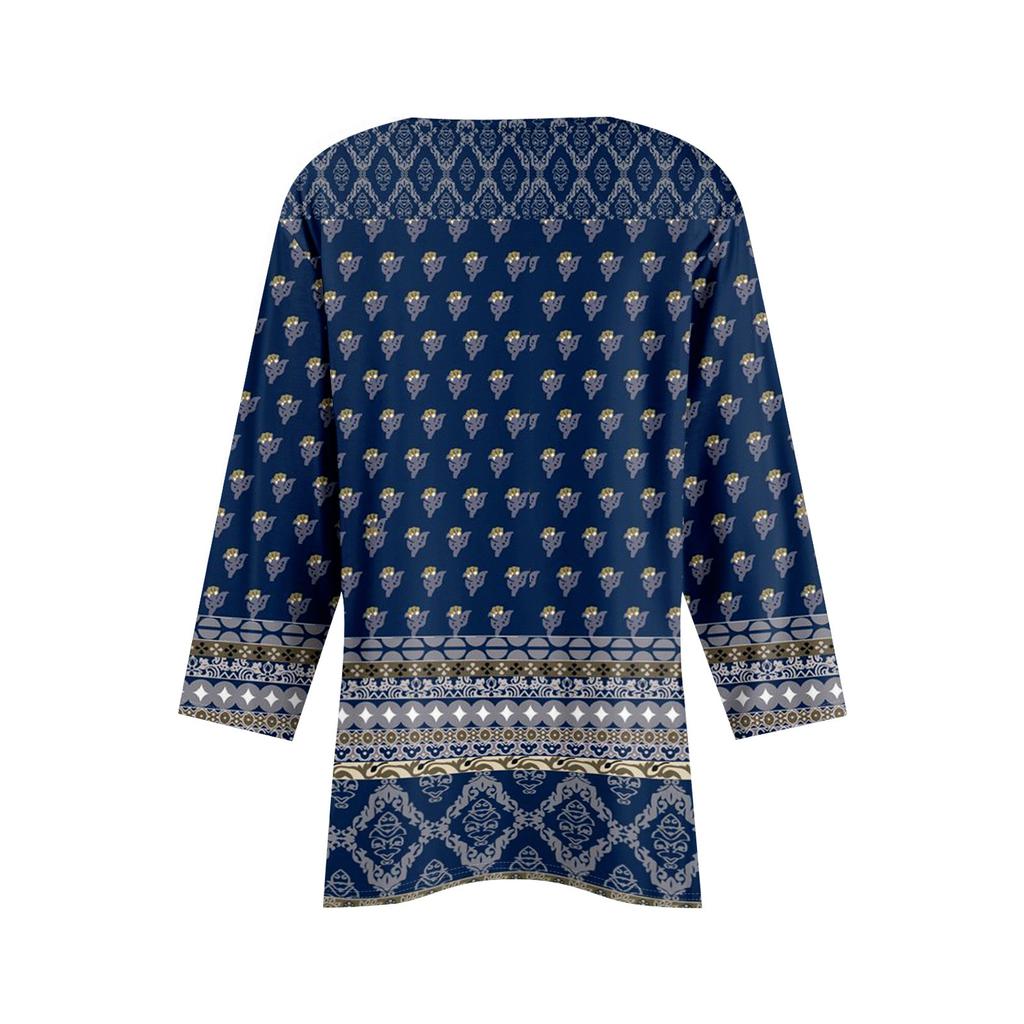 Women 3/4 Sleeve Tunic Prints Tops For Loose Fit Casual Blouses V Neck T Shirts With Asymmetrical Hem