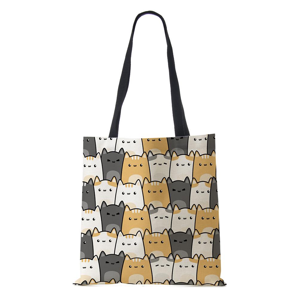 Women Handbag Linen Totes with Family Cat Print Casual Traveling Beach Gift Bags CLE
