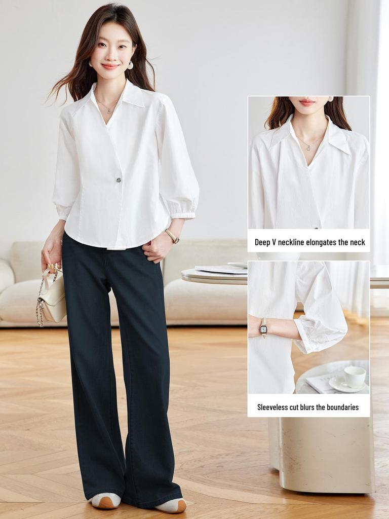 Damen Weißes Langarm-T-Shirt aus reiner Baumwolle mit V-Ausschnitt, Herbst 2025 Französischer Stil