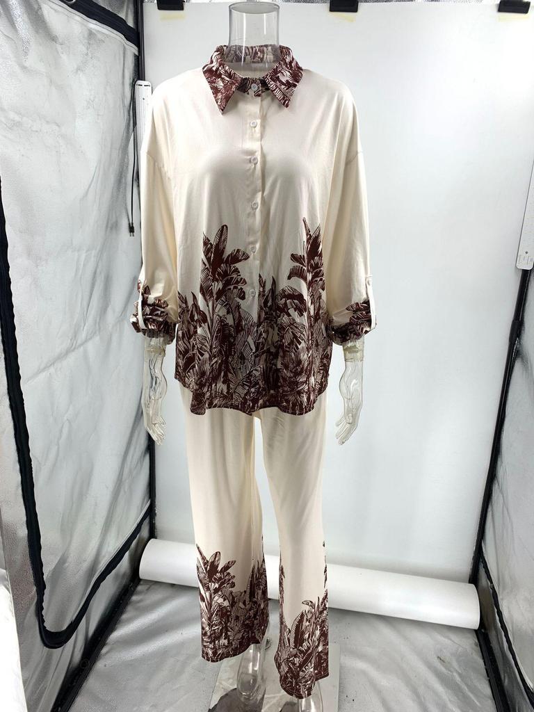 European & American Fashion Printed Cardigan and Wide-Leg Pants Set