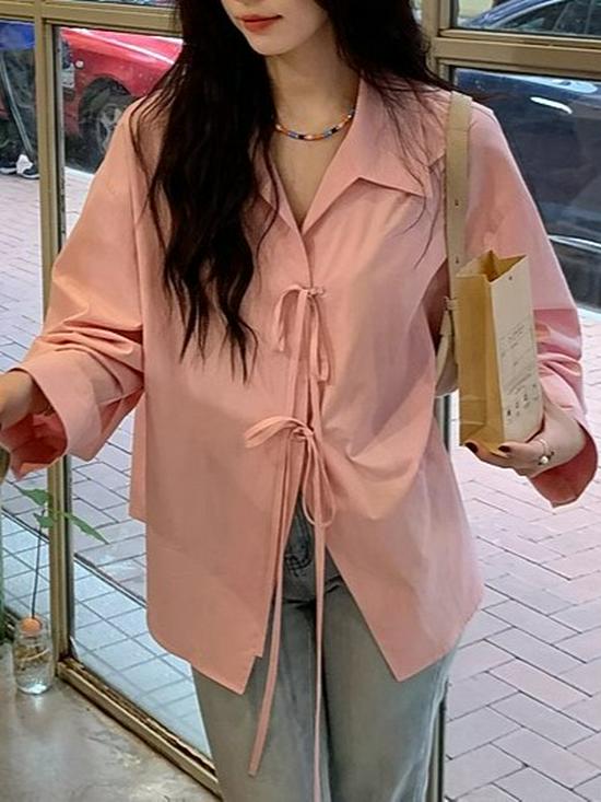 

Женская французская ретро блузка из тенсела лиоцелла хлопка с бантом и отложным воротником на весну L розовый