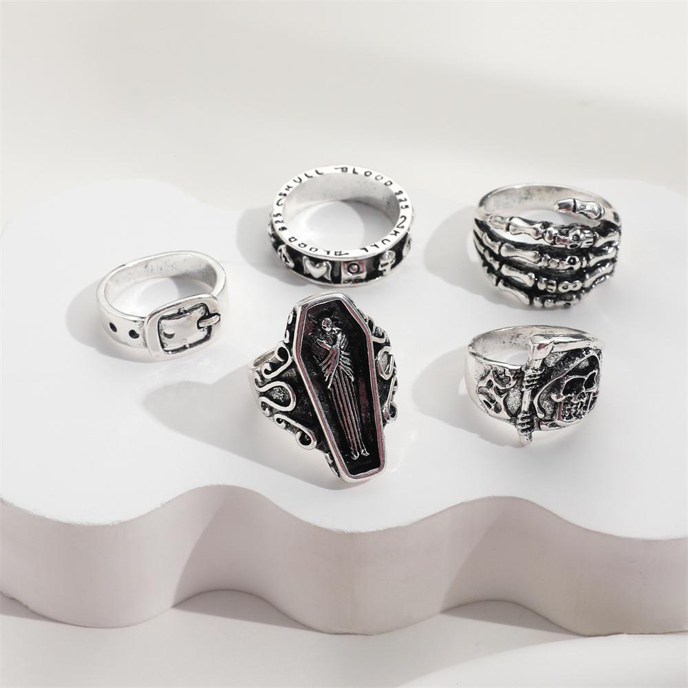 Retro Punk Stil Damen Sensenmann Fingerring Set - 5 Stück