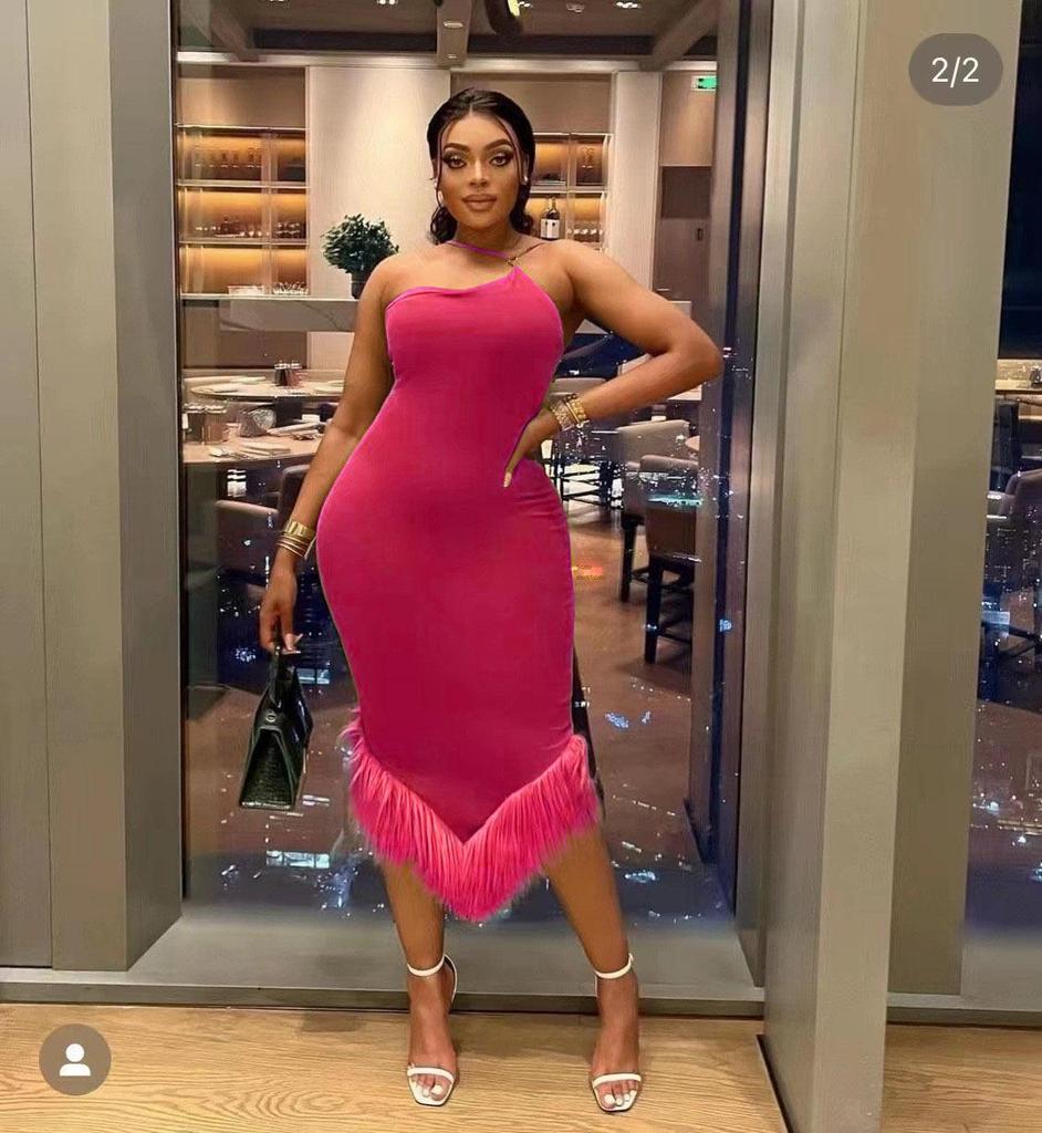 2023 Spring/Summer Asymmetrical One-Shoulder Halter Feather Dress for Women