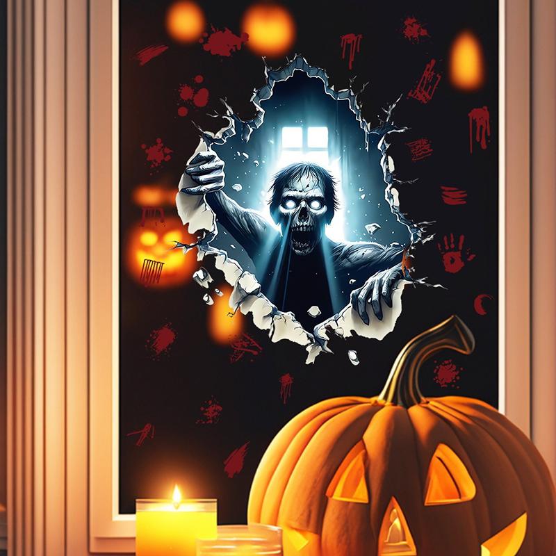 Halloween 3D Effect Wall-Breaking Horror Zombies Climbing Window Wall Stickers Waterproof And Oil-Proof Stickers Removable