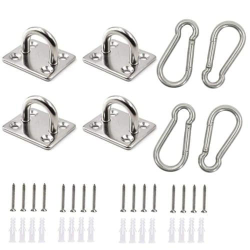

KALOLINNA Eye Plates, Ceiling Hooks, Wall Hooks, Stainless Steel Pad Eyes, 304 Stainless Steel Carabiners, Rectangular Eye Plates, Set of 4, Silver, C