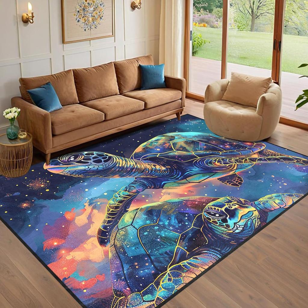 Galaxy Theme Sea Turtle Rug for Kids Bedroom, Animal Print Playroom Carpet, Non-Slip Floor Mat for Children