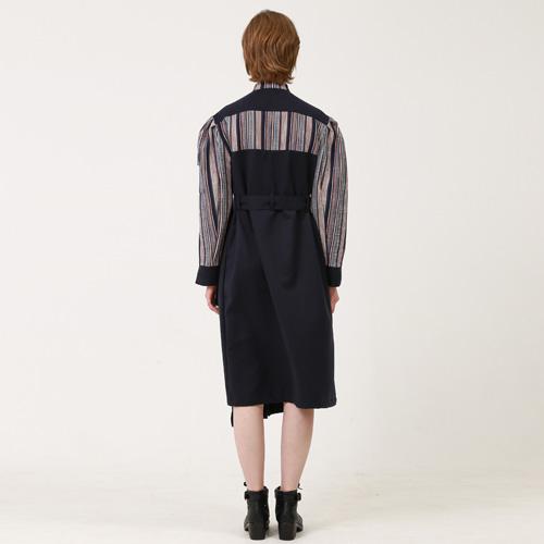 Bunderghost Jacquard Contrast Puff Sleeve Pleated Long Dress Navy