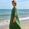Summer Linen Dress for Women, Casual Beach A-Line Flowy Sundress, Short Sleeve V Neck Hollow Eyelets Long Dress