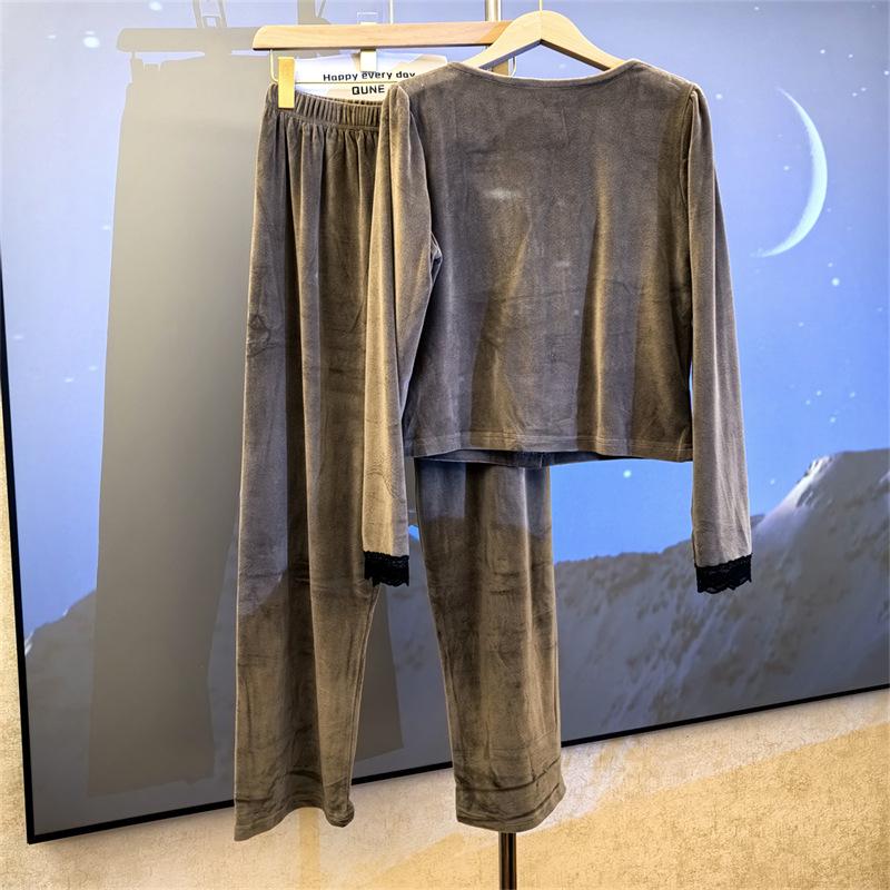 Sea Island Baumwolle Damen Pyjama Set - Herbst/Winter Französischer Stil mit Brustpolster, Dünner Fleece Hausbekleidung