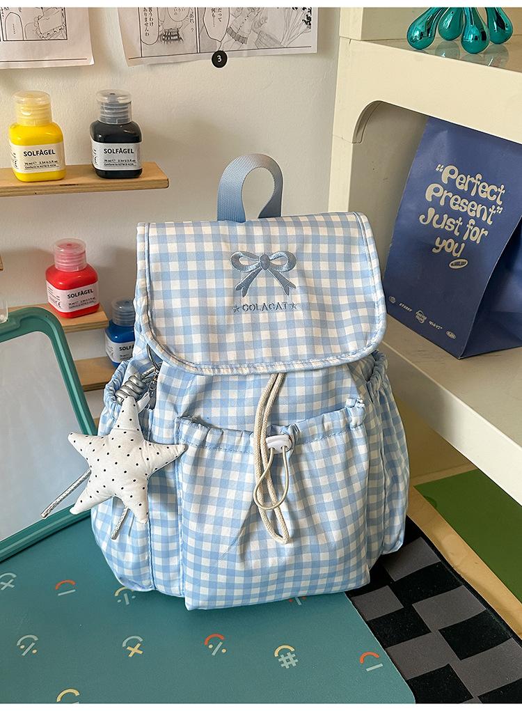 Schoolbag sea salt light blue plaid drawstring flip bag sweet milk huhu little fairy daily shopping photo backpack