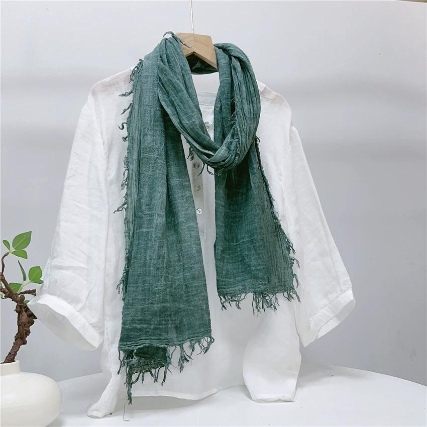 Retro Fluffy Edges Cotton Scarf Personality Wrinkle Design Slender Spring Summer Long Scarves
