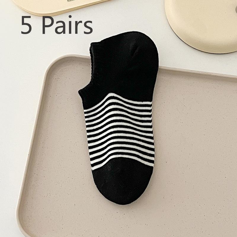 5 Pairs of Women's Spring and Summer Style Pinstripes with Light Mouth Cotton Boat Socks
