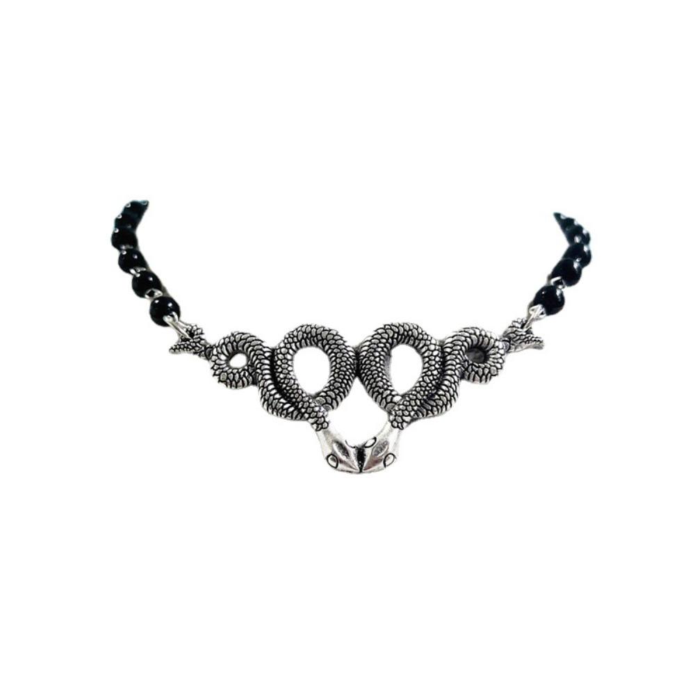 Gotisch Punk Antik Silber Doppel Schlangen Schwarz Perlenkette Halskette für Frauen Männer Halloween Party Halsband Kette Schmuck Geschenke