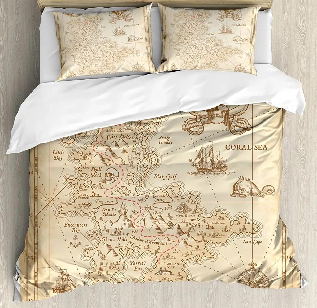 Nautical Pirate Duvet Cover Set Sailboat Theme Bedding Set Palm Tree Island Treasure Hawaiian Beach Cartoon Comforter Cover Full