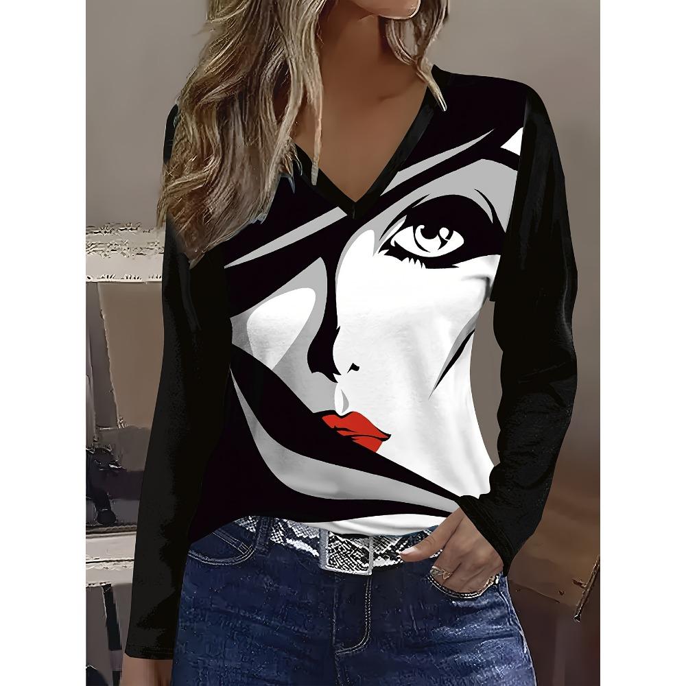 Ladies' Casual V-neck Long Sleeved Cartoon Portrait Contrasting Printed Semi Transparent Top