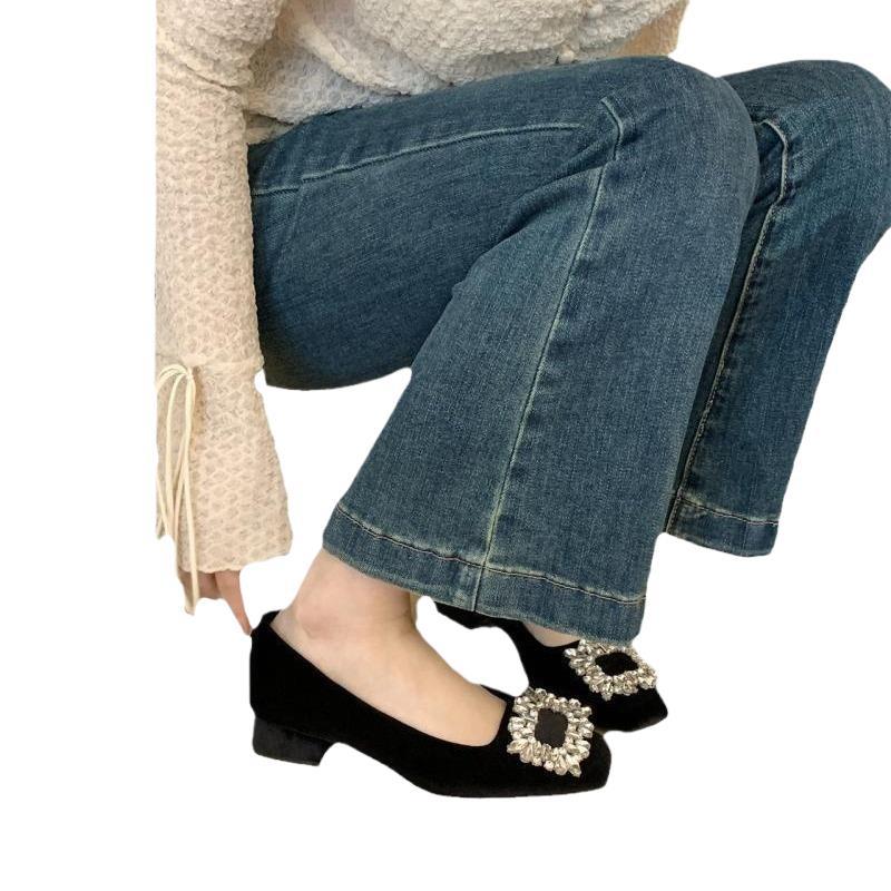 French Xiaoxiangfeng rhinestone square buckle single shoes women's spring 2025 new thick heel square heel soft sole shallow mouth single shoes