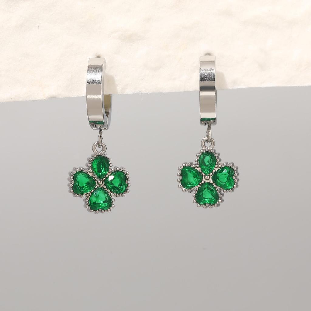 Stainless Steel Zirconia Four-Leaf Clover Hoop Earrings In Titanium Steel - High-End Luxury Style for Women